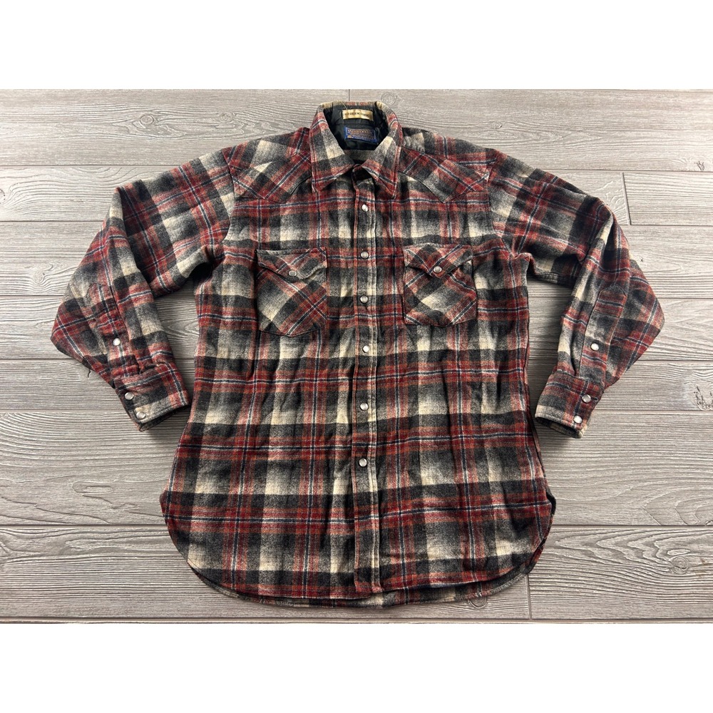Pendleton Mens Large Wool Western Flannel Shirt Red Plaid Pearl Snap High Grade